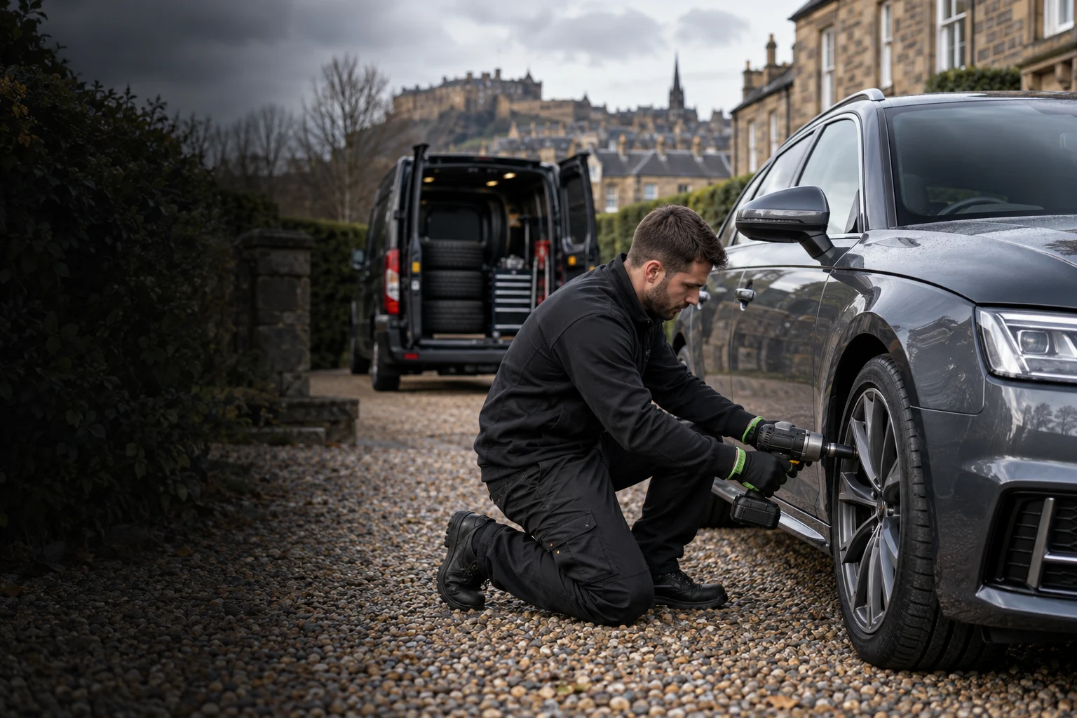 Illustration of a mobile tyre technician working beside a car on a driveway